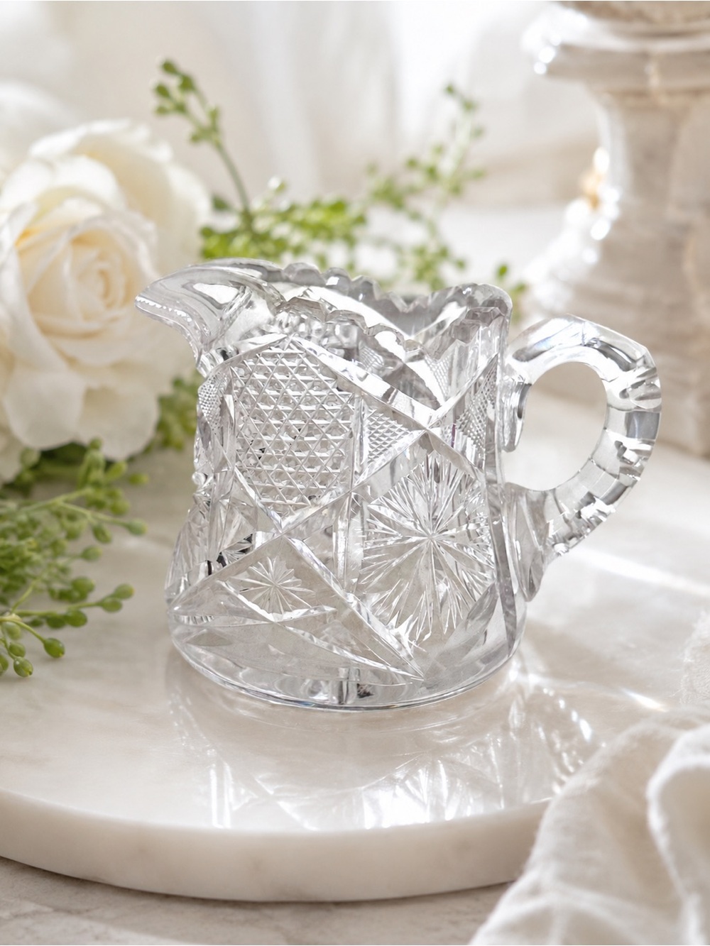 Vintage Cut Crystal Mini Creamer Pitcher ABP Style Hobstar Starburst Heavy Glass